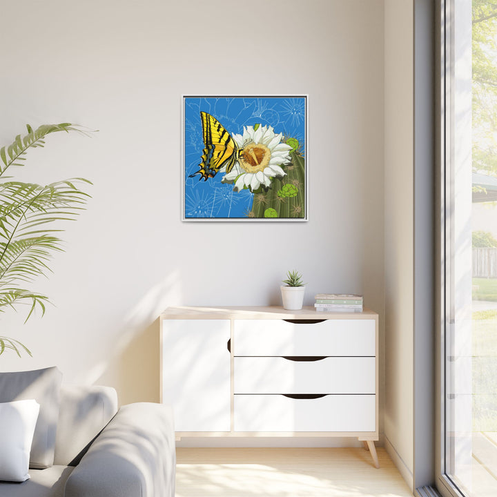 Arizona State Flower + Insect: Saguaro Cactus Blossom + Two-tailed Swallowtail Butterfly — Framed Canvas Print Wall Art