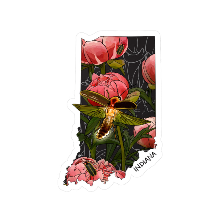 Indiana State Flower + Insect Sticker — Peonies + Fireflies — Kiss-Cut State Decal