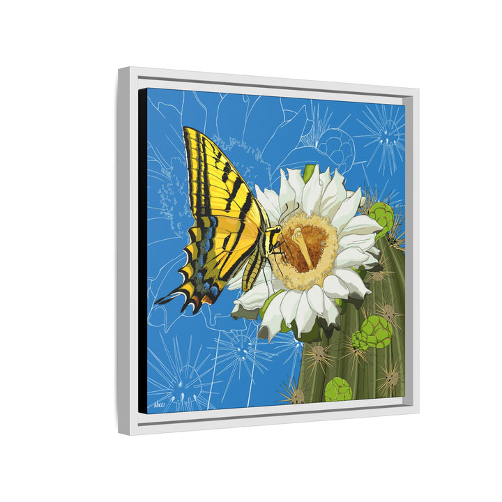 Arizona State Flower + Insect: Saguaro Cactus Blossom + Two-tailed Swallowtail Butterfly — Framed Canvas Print Wall Art