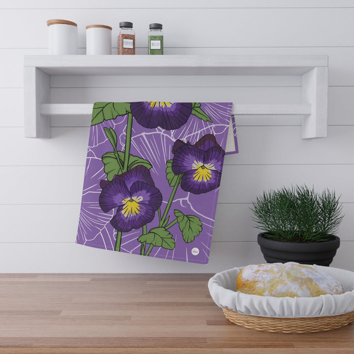 Violet Floral Cotton Tea Towel — February Birth Month Flower Kitchen Towel