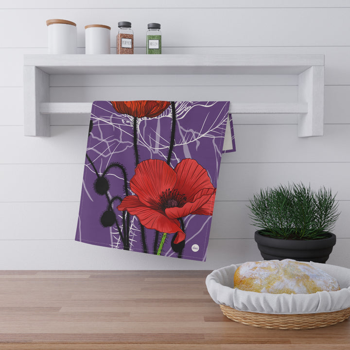 Red Poppy Floral Cotton Tea Towel — August Birth Month Flower Kitchen Towel