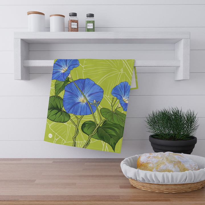 Blue Morning Glory Cotton Tea Towel — September Birth Month Flower Kitchen Towel