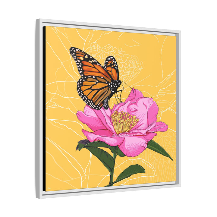 Alabama State Flower + Insect: Monarch Butterfly on Pink Camellia — Framed Canvas Print Wall Art