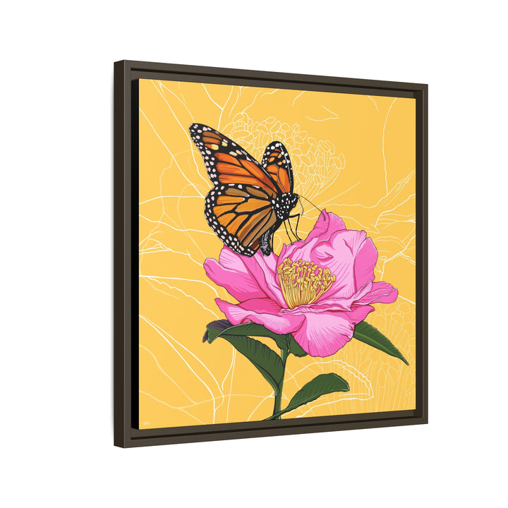 Alabama State Flower + Insect: Monarch Butterfly on Pink Camellia — Framed Canvas Print Wall Art