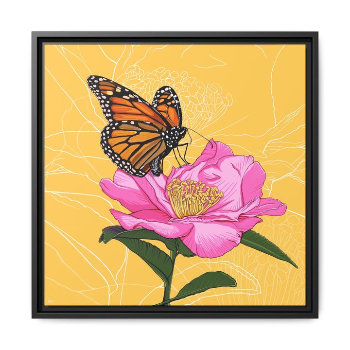 Alabama State Flower + Insect: Monarch Butterfly on Pink Camellia — Framed Canvas Print Wall Art