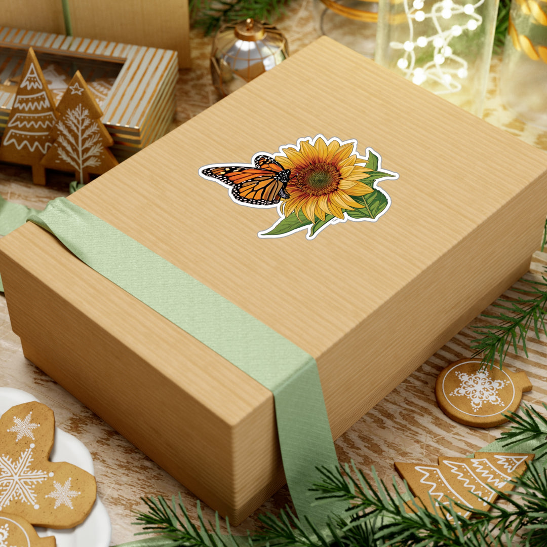 Sunflower + Monarch Kiss-Cut Vinyl Sticker — Floral Butterfly Decal for Laptops, Water Bottles + Windows