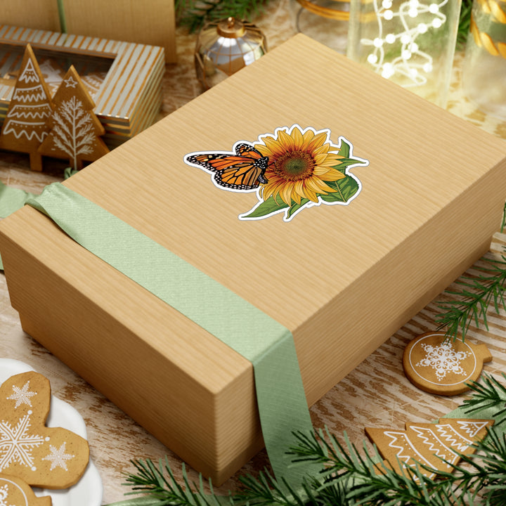 Sunflower + Monarch Kiss-Cut Vinyl Sticker — Floral Butterfly Decal for Laptops, Water Bottles + Windows