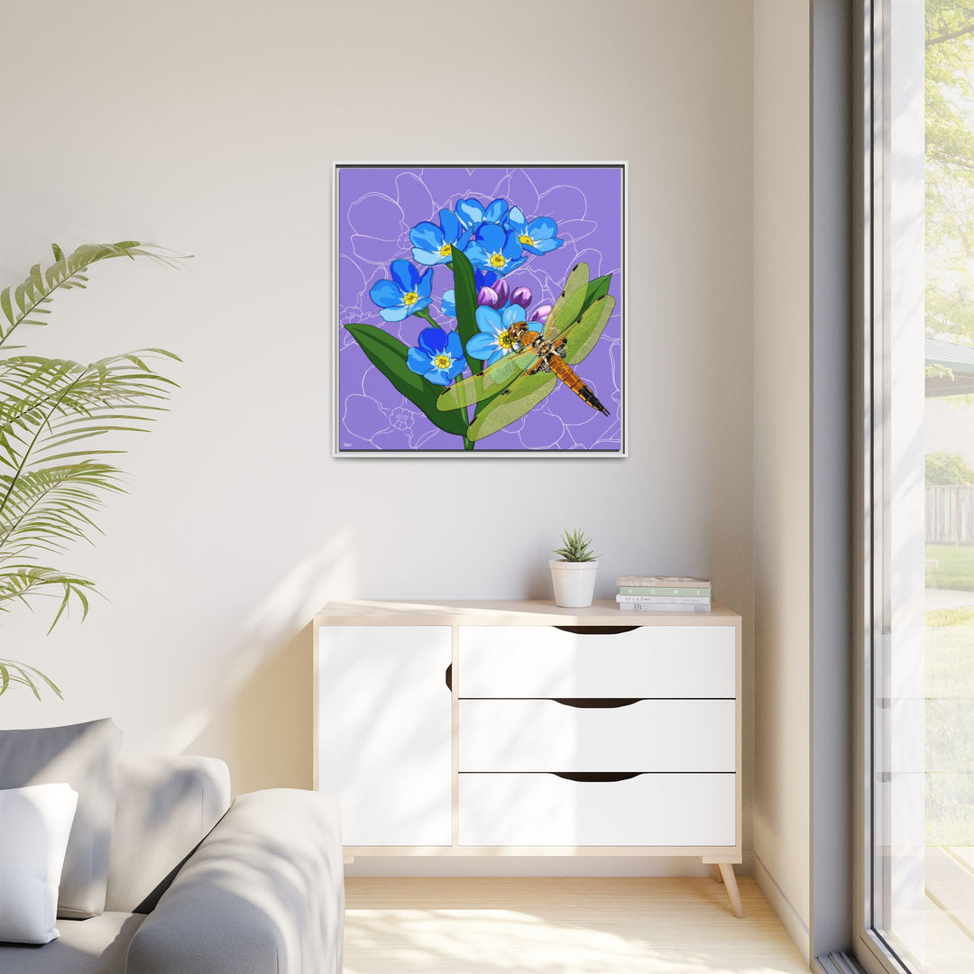 Alaska State Flower + Insect: Forget Me Not + Four-spot Skimmer Dragonfly — Framed Canvas Print Wall Art