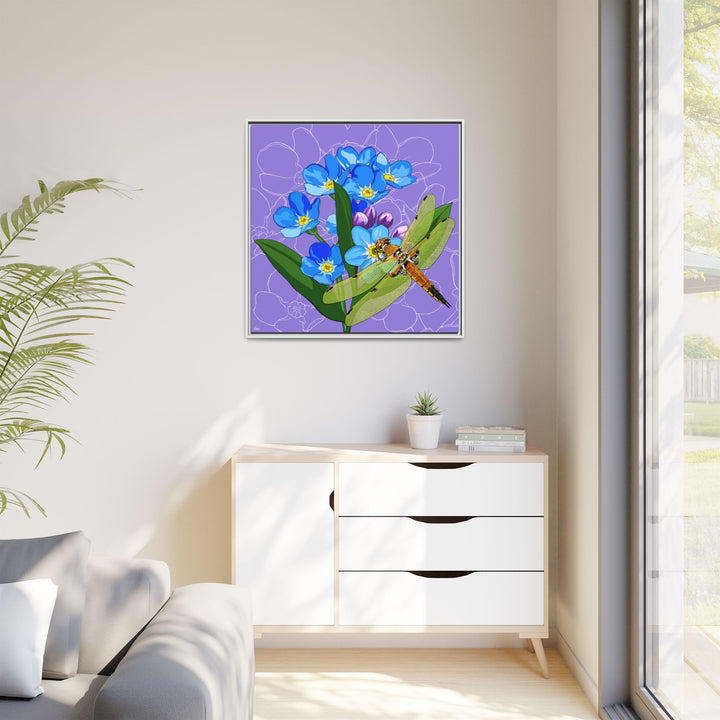 Alaska State Flower + Insect: Forget Me Not + Four-spot Skimmer Dragonfly — Framed Canvas Print Wall Art