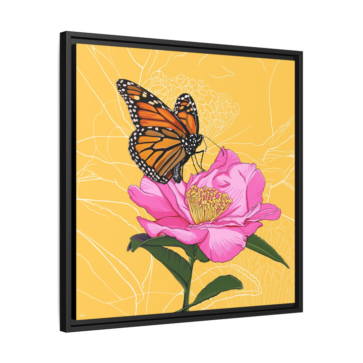 Alabama State Flower + Insect: Monarch Butterfly on Pink Camellia — Framed Canvas Print Wall Art