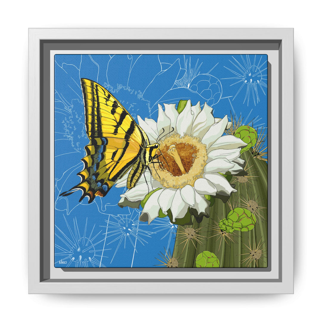 Arizona State Flower + Insect: Saguaro Cactus Blossom + Two-tailed Swallowtail Butterfly — Framed Canvas Print Wall Art