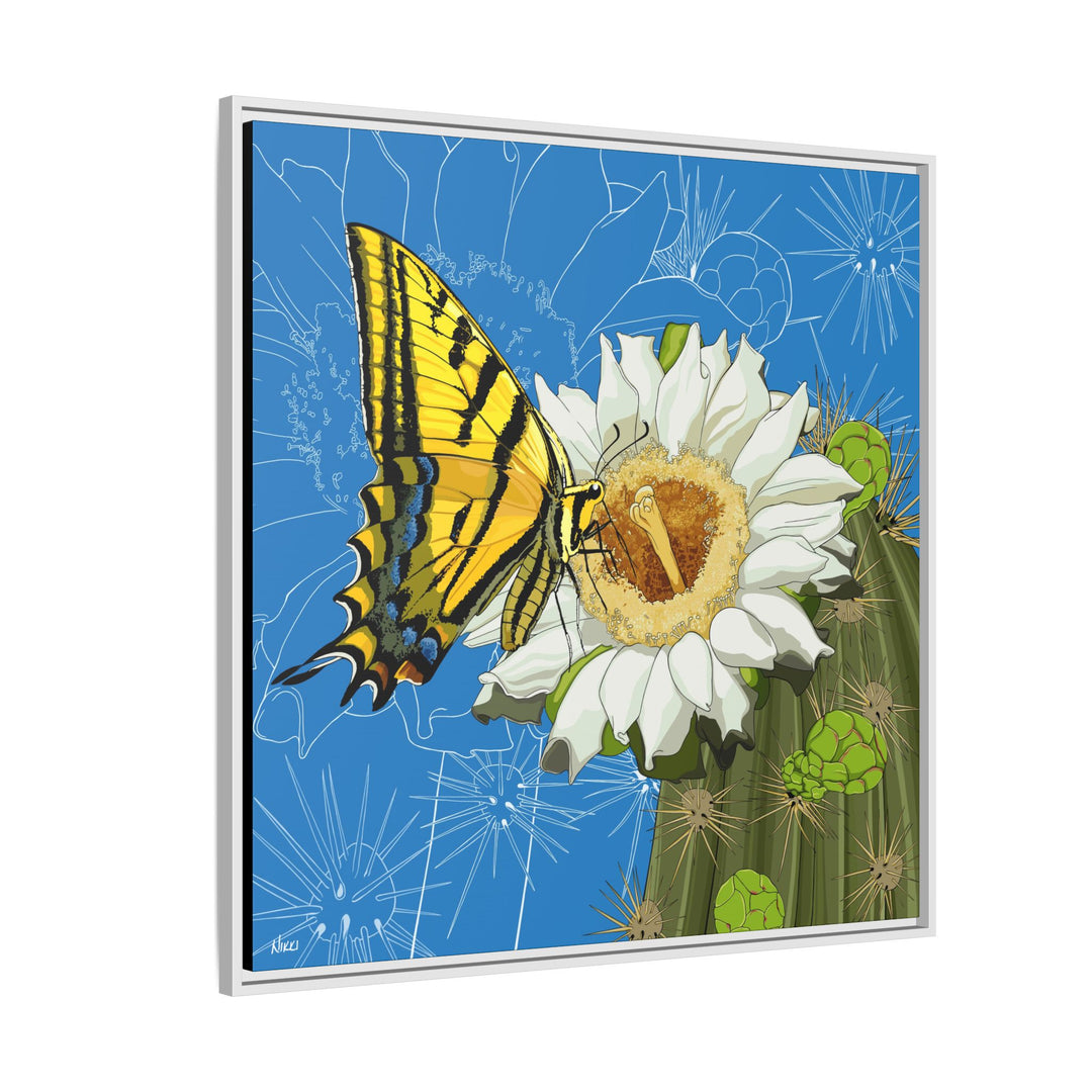 Arizona State Flower + Insect: Saguaro Cactus Blossom + Two-tailed Swallowtail Butterfly — Framed Canvas Print Wall Art