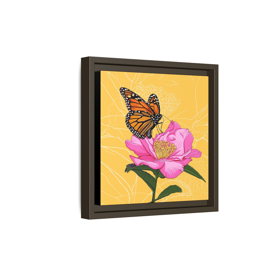 Alabama State Flower + Insect: Monarch Butterfly on Pink Camellia — Framed Canvas Print Wall Art