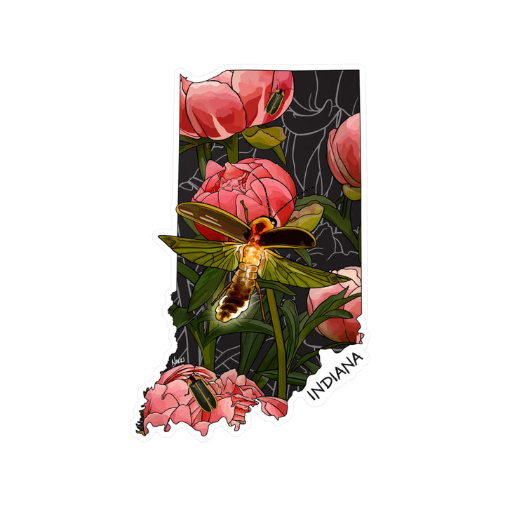 Indiana State Flower + Insect Sticker — Peonies + Fireflies — Kiss-Cut State Decal