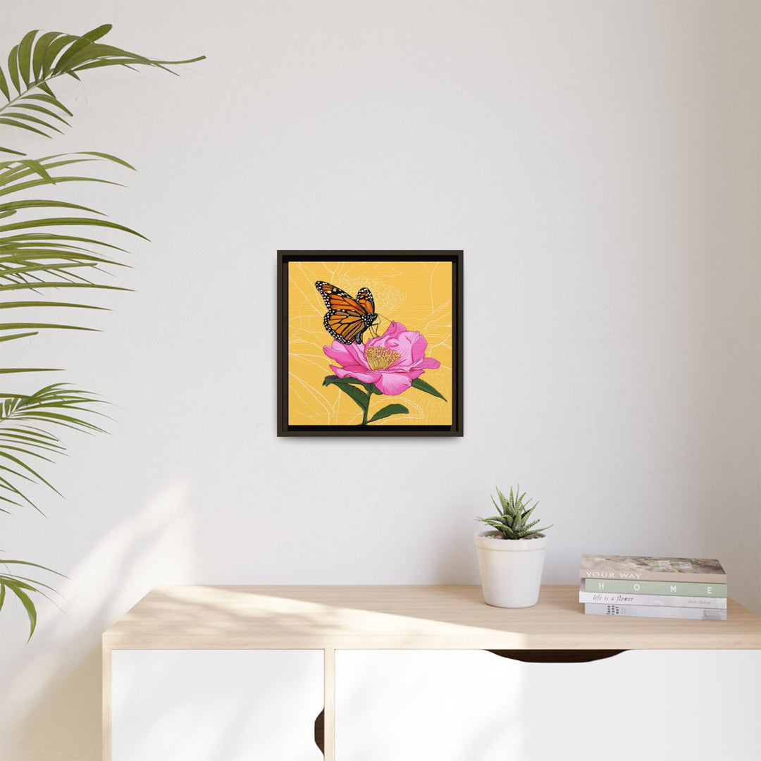 Alabama State Flower + Insect: Monarch Butterfly on Pink Camellia — Framed Canvas Print Wall Art