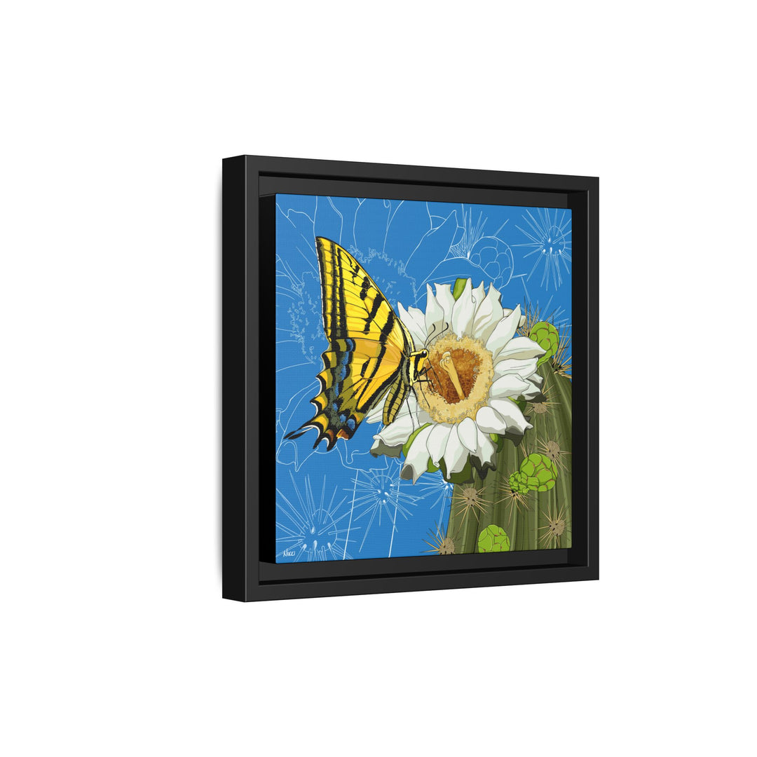 Arizona State Flower + Insect: Saguaro Cactus Blossom + Two-tailed Swallowtail Butterfly — Framed Canvas Print Wall Art