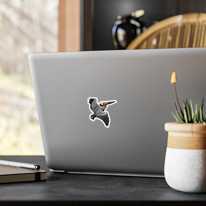 Brown Pelican Kiss-Cut Vinyl Sticker — Realistic Flying Pelican Decal