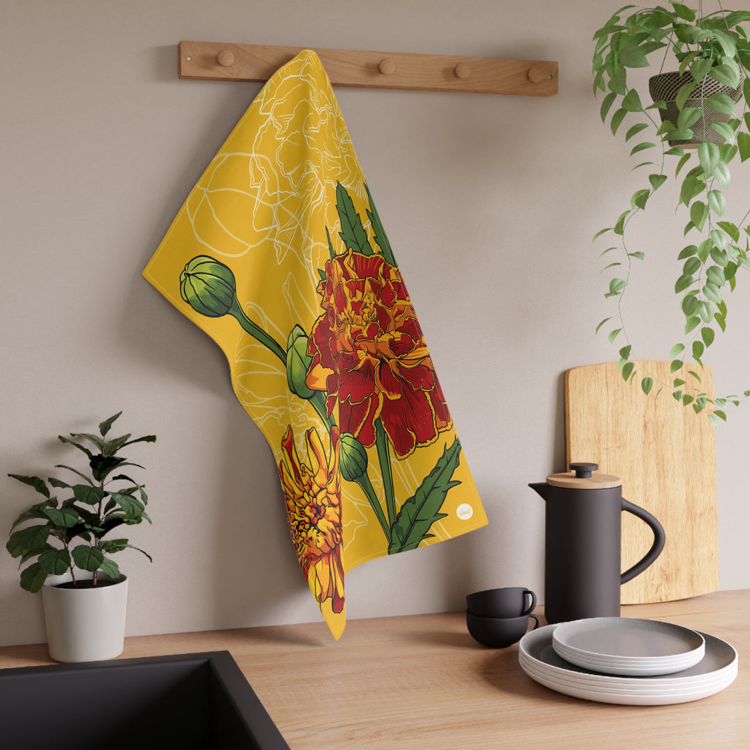 Marigold Cotton Tea Towel — October Birth Month Flower Kitchen Towel