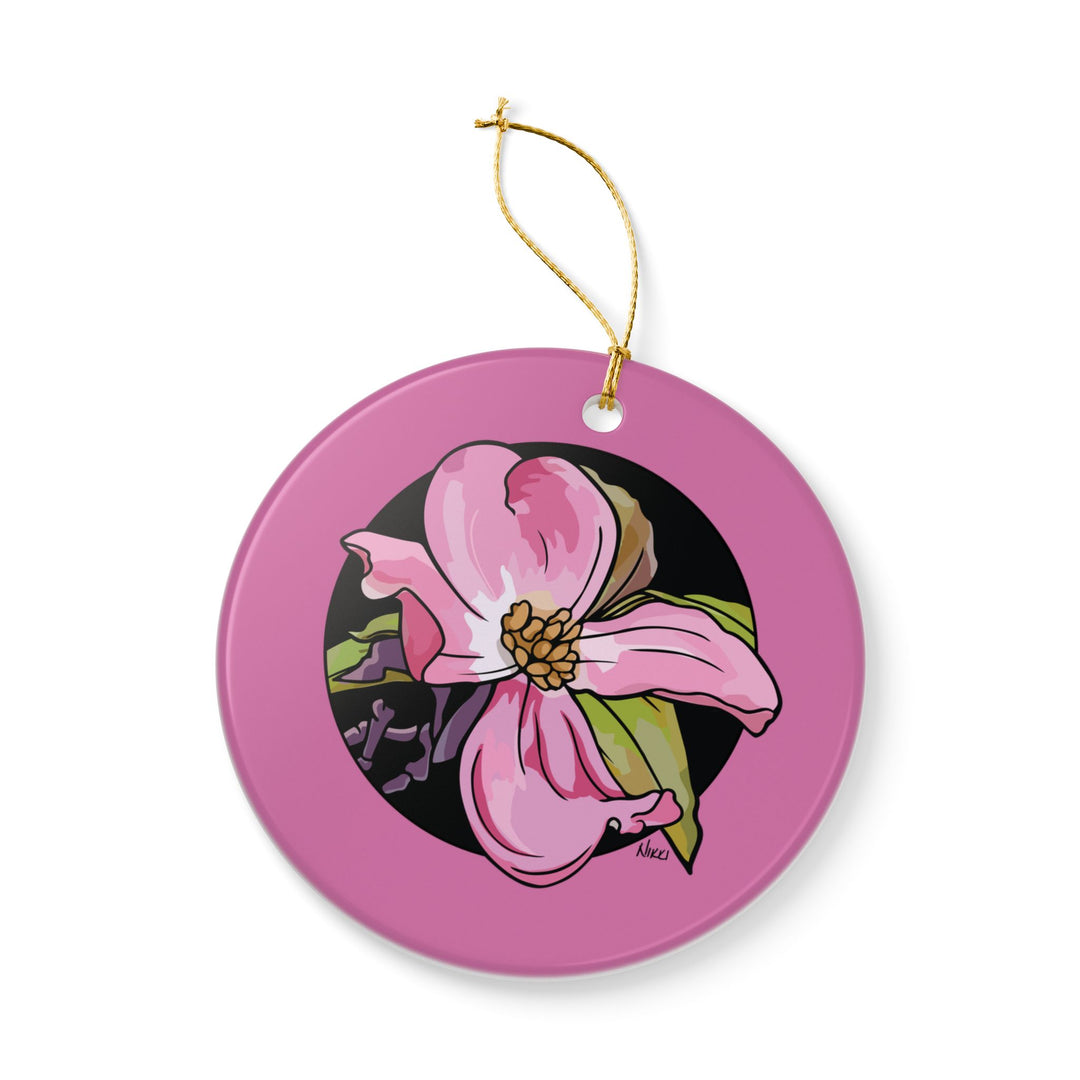 Pink Dogwood Ceramic Ornament — Double-Sided Floral Holiday Decor