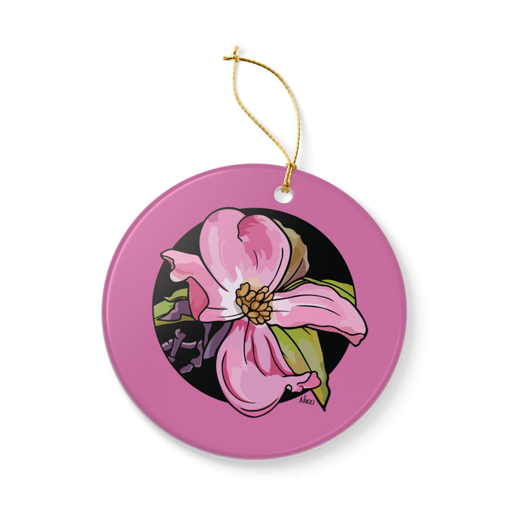 Pink Dogwood Ceramic Ornament — Double-Sided Floral Holiday Decor