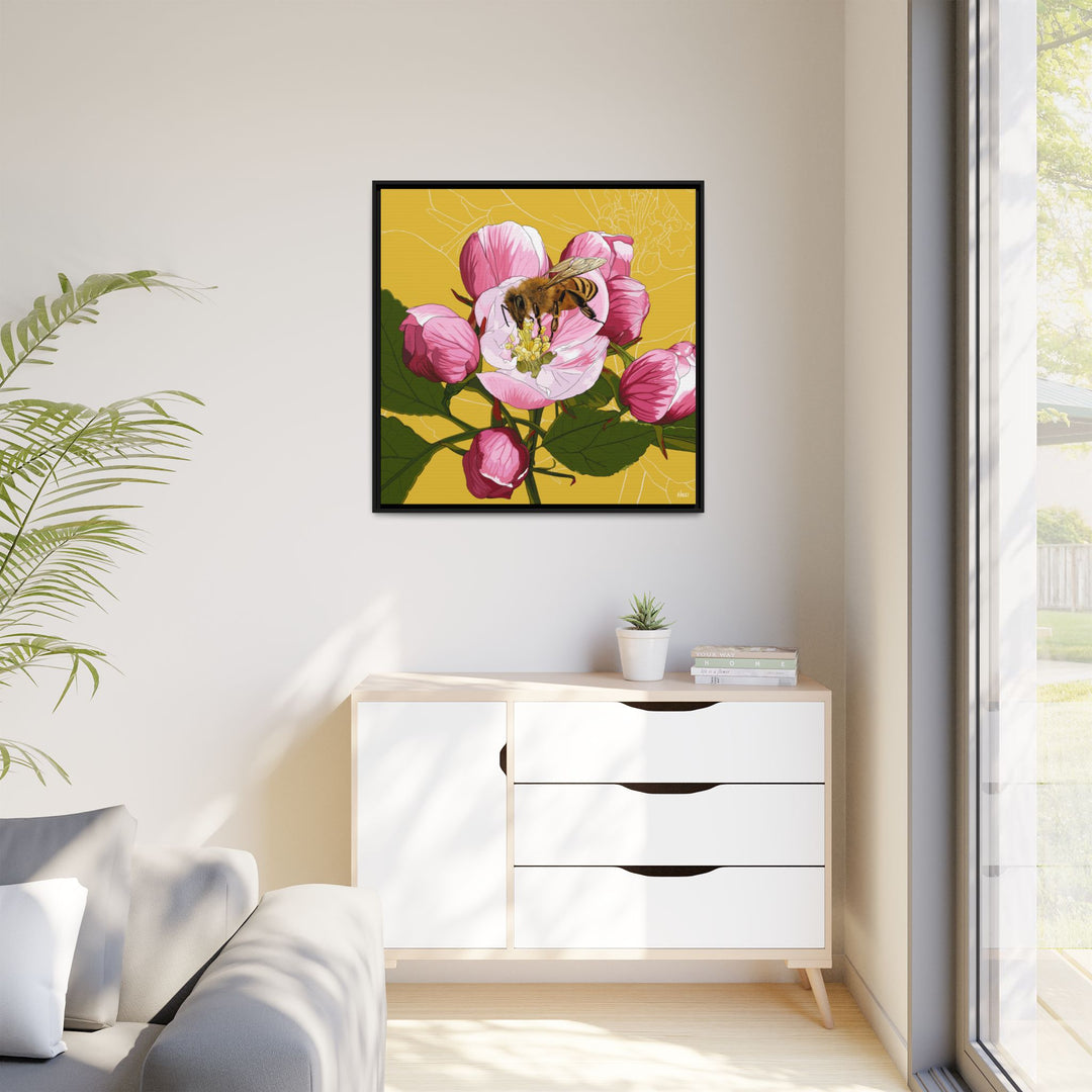Apple Blossom & Honeybee Framed Canvas — Arkansas State Flower Wall Art