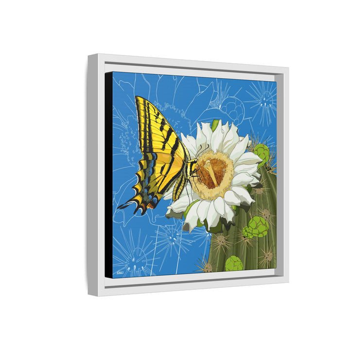 Arizona State Flower + Insect: Saguaro Cactus Blossom + Two-tailed Swallowtail Butterfly — Framed Canvas Print Wall Art