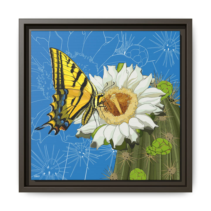 Arizona State Flower + Insect: Saguaro Cactus Blossom + Two-tailed Swallowtail Butterfly — Framed Canvas Print Wall Art