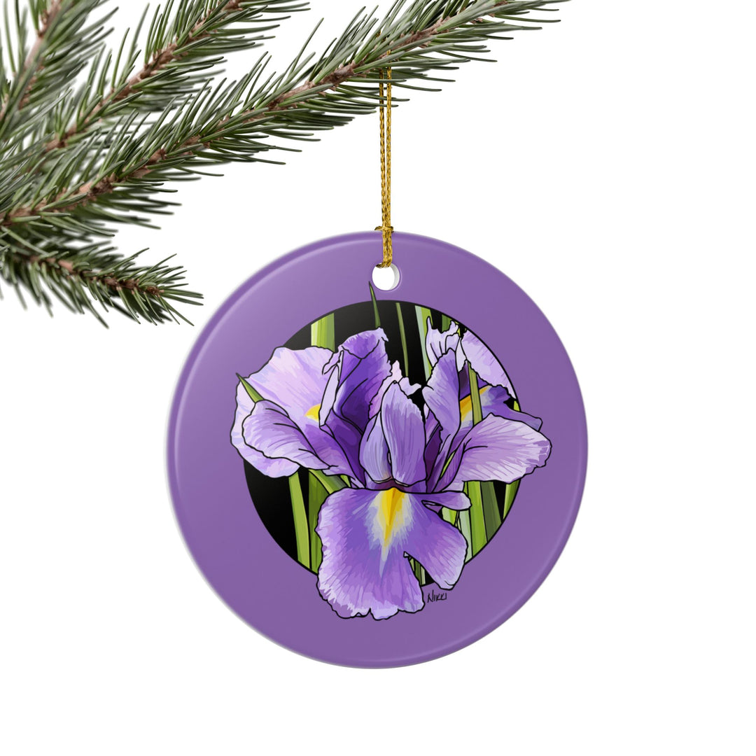 Purple Iris Ceramic Ornament — Double-Sided Floral Holiday Decoration