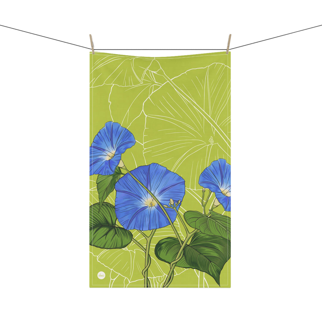 Blue Morning Glory Cotton Tea Towel — September Birth Month Flower Kitchen Towel