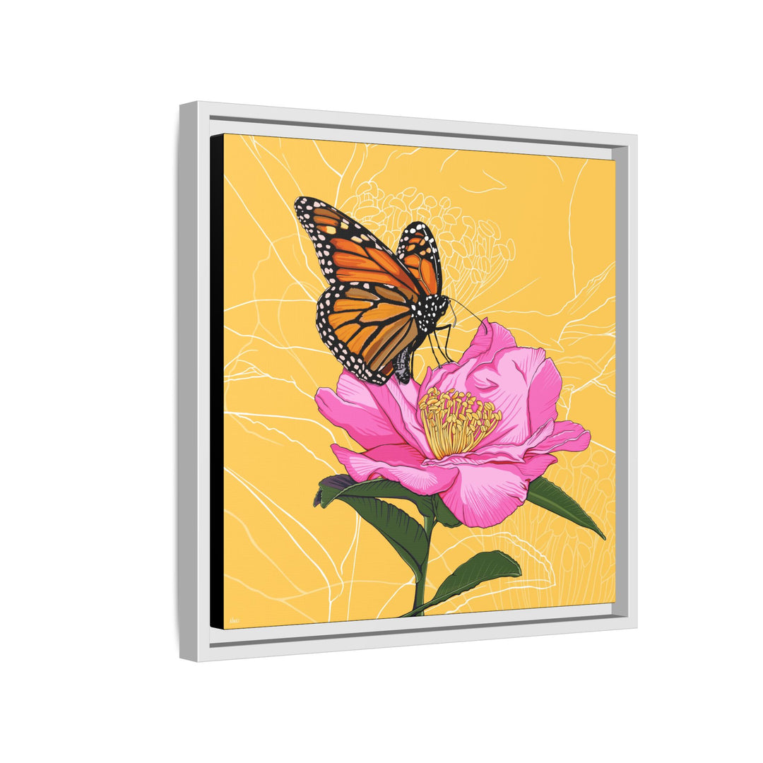 Alabama State Flower + Insect: Monarch Butterfly on Pink Camellia — Framed Canvas Print Wall Art