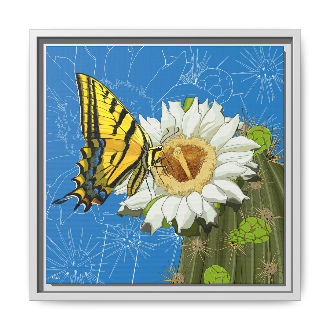 Arizona State Flower + Insect: Saguaro Cactus Blossom + Two-tailed Swallowtail Butterfly — Framed Canvas Print Wall Art