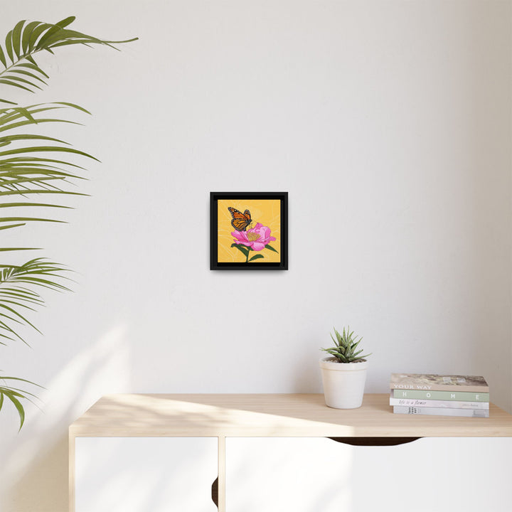 Alabama State Flower + Insect: Monarch Butterfly on Pink Camellia — Framed Canvas Print Wall Art