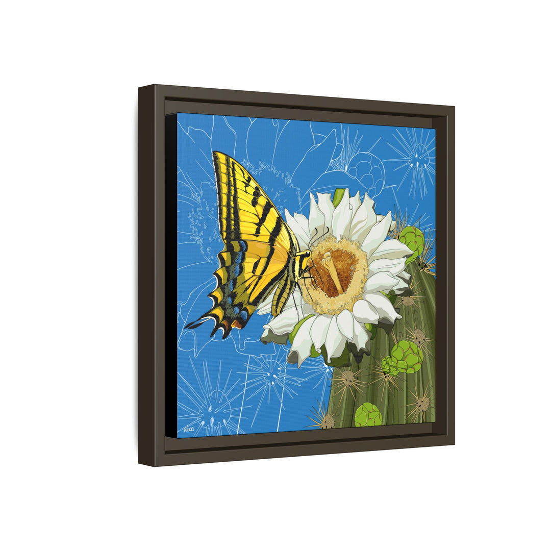 Arizona State Flower + Insect: Saguaro Cactus Blossom + Two-tailed Swallowtail Butterfly — Framed Canvas Print Wall Art