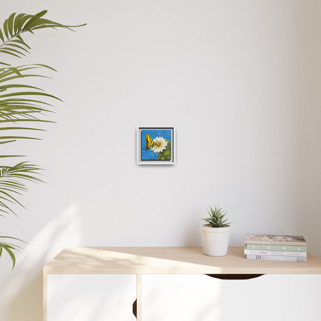 Arizona State Flower + Insect: Saguaro Cactus Blossom + Two-tailed Swallowtail Butterfly — Framed Canvas Print Wall Art