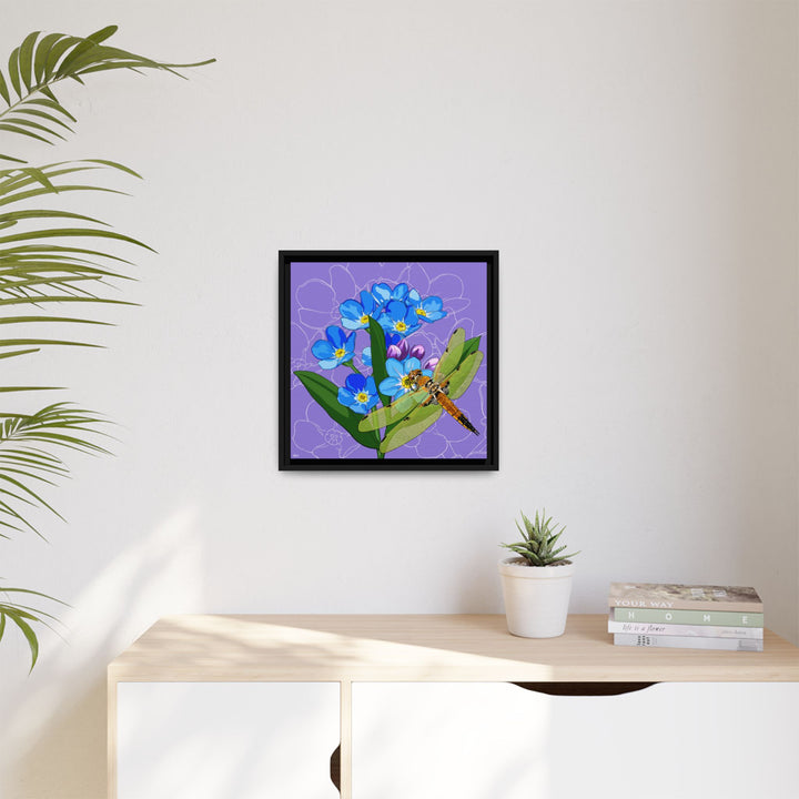Alaska State Flower + Insect: Forget Me Not + Four-spot Skimmer Dragonfly — Framed Canvas Print Wall Art