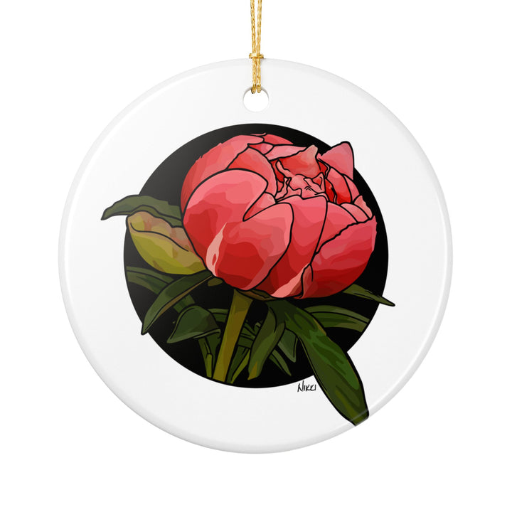 Peony Bud Ceramic Ornament — Two-Sided Floral Holiday Decoration