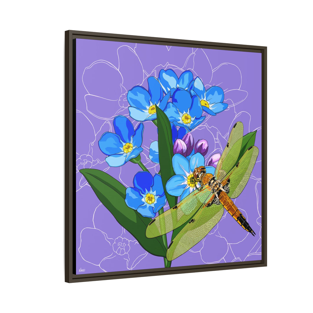 Alaska State Flower + Insect: Forget Me Not + Four-spot Skimmer Dragonfly — Framed Canvas Print Wall Art
