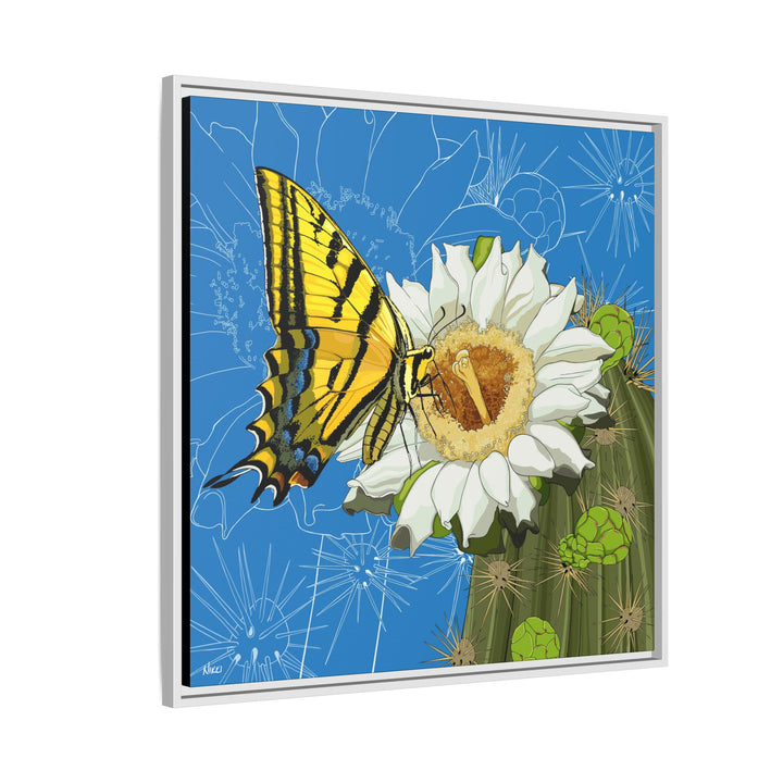 Arizona State Flower + Insect: Saguaro Cactus Blossom + Two-tailed Swallowtail Butterfly — Framed Canvas Print Wall Art
