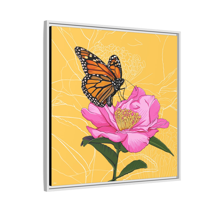Alabama State Flower + Insect: Monarch Butterfly on Pink Camellia — Framed Canvas Print Wall Art