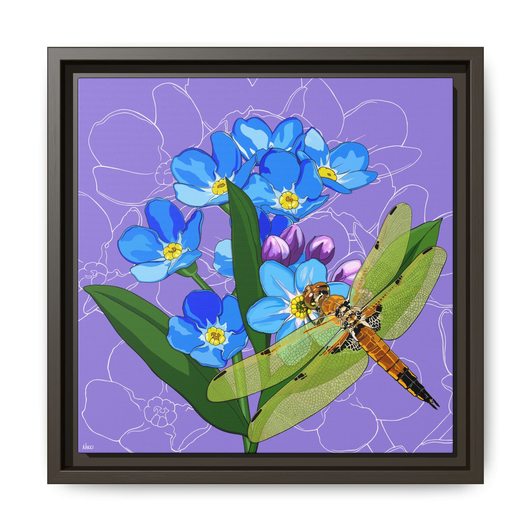 Alaska State Flower + Insect: Forget Me Not + Four-spot Skimmer Dragonfly — Framed Canvas Print Wall Art