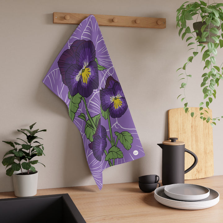 Violet Floral Cotton Tea Towel — February Birth Month Flower Kitchen Towel