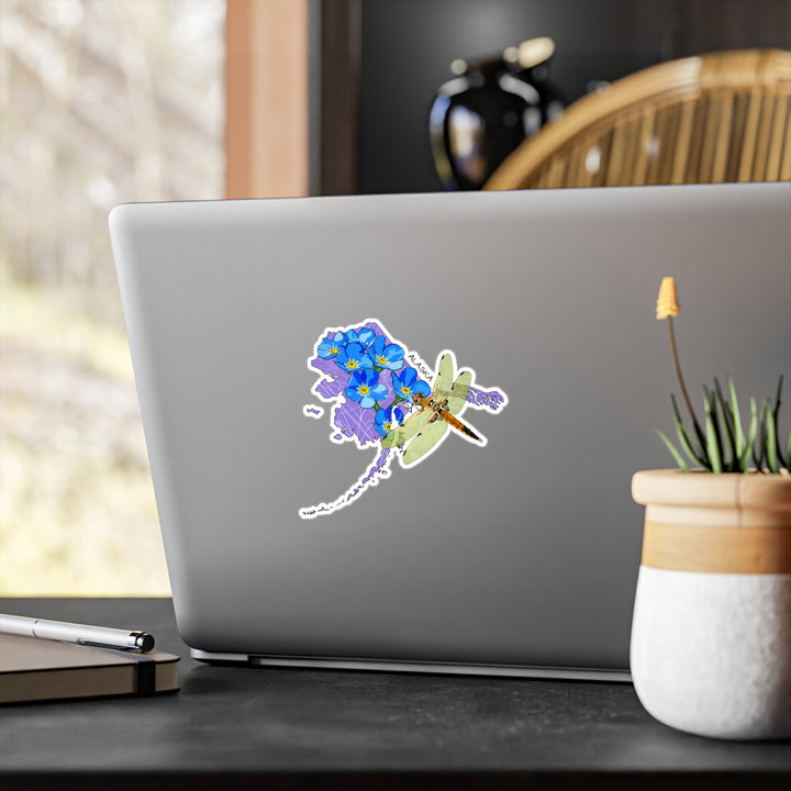 Dragonfly & Forget-Me-Not Kiss-Cut Vinyl Sticker — Floral Nature Decal for Water Bottles, Laptops & Windows