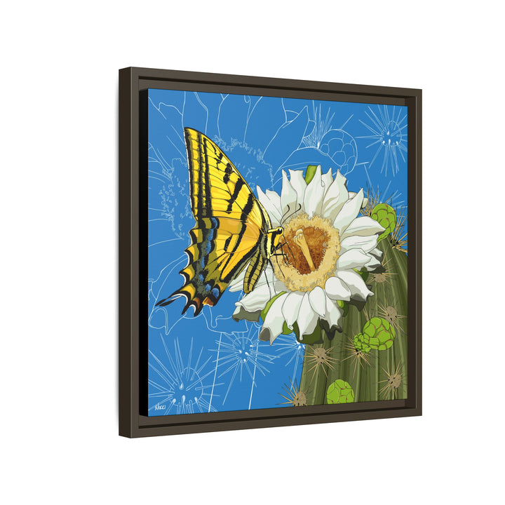 Arizona State Flower + Insect: Saguaro Cactus Blossom + Two-tailed Swallowtail Butterfly — Framed Canvas Print Wall Art