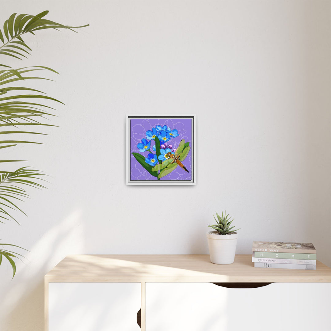Alaska State Flower + Insect: Forget Me Not + Four-spot Skimmer Dragonfly — Framed Canvas Print Wall Art