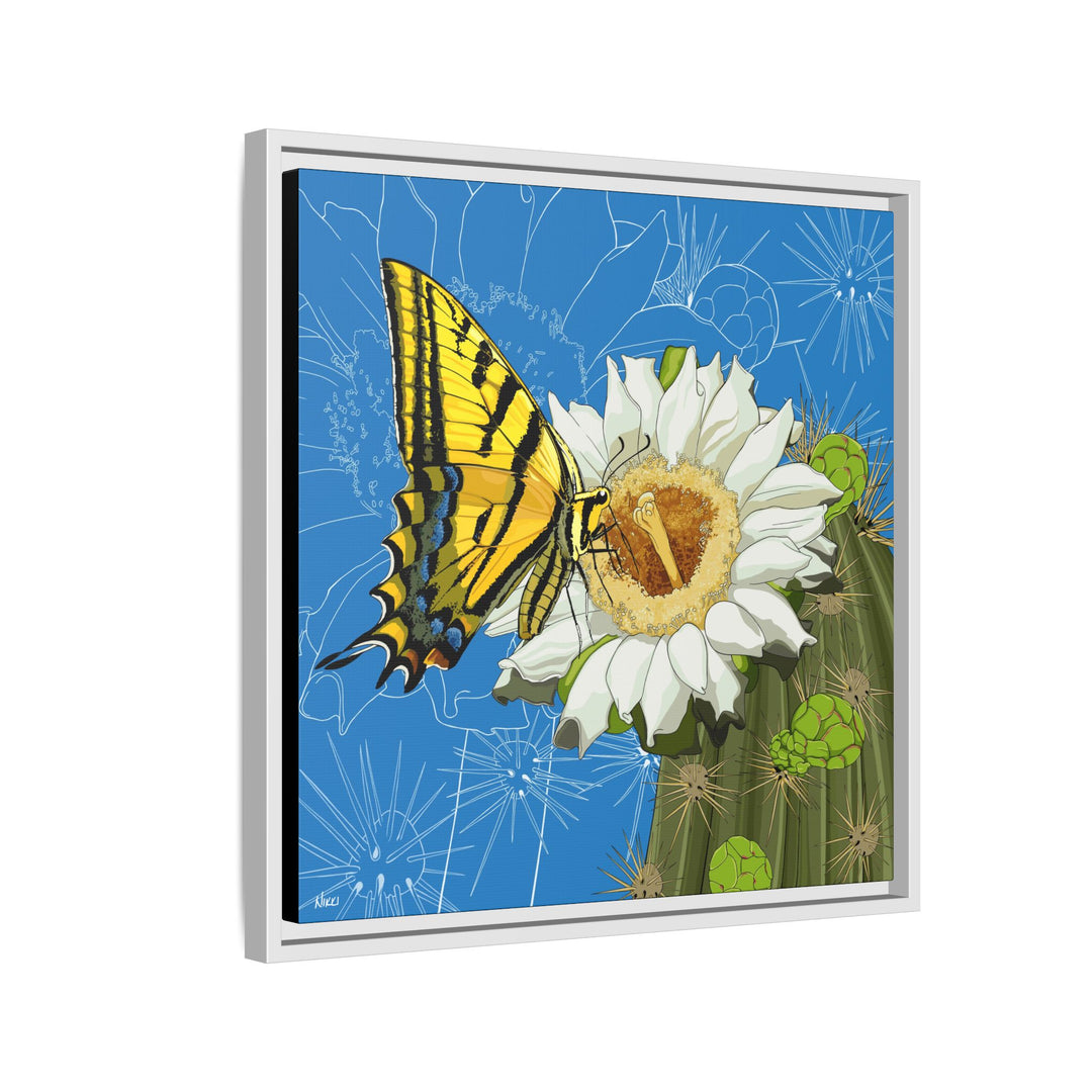 Arizona State Flower + Insect: Saguaro Cactus Blossom + Two-tailed Swallowtail Butterfly — Framed Canvas Print Wall Art