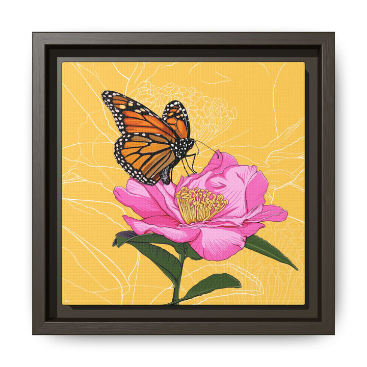 Alabama State Flower + Insect: Monarch Butterfly on Pink Camellia — Framed Canvas Print Wall Art