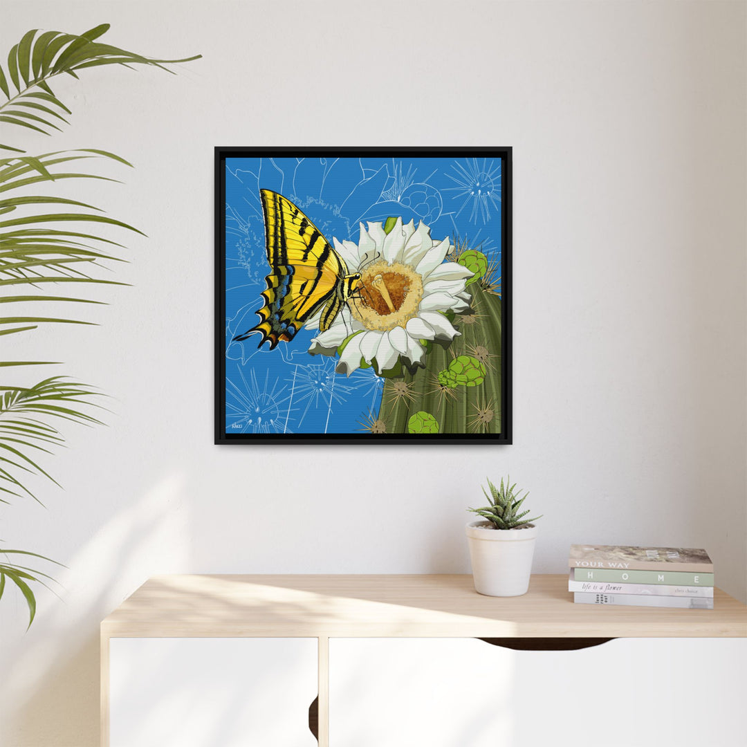 Arizona State Flower + Insect: Saguaro Cactus Blossom + Two-tailed Swallowtail Butterfly — Framed Canvas Print Wall Art