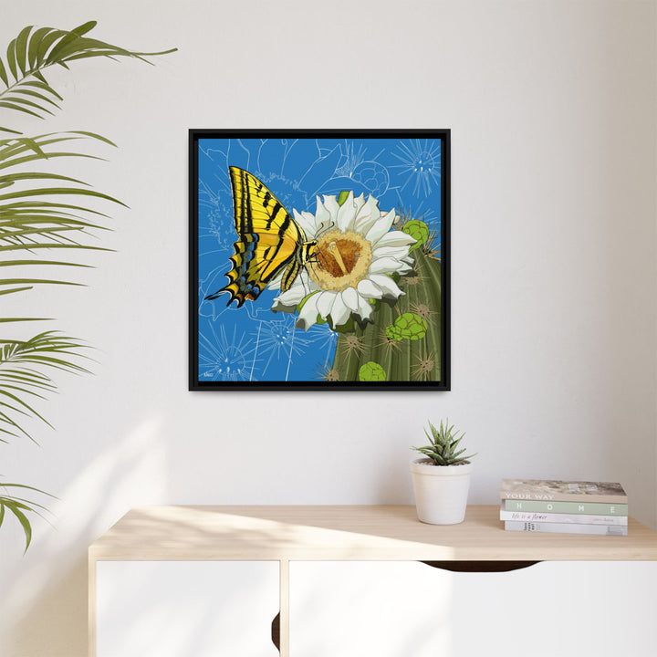 Arizona State Flower + Insect: Saguaro Cactus Blossom + Two-tailed Swallowtail Butterfly — Framed Canvas Print Wall Art