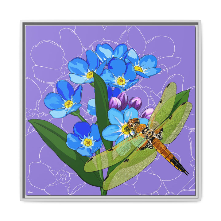 Alaska State Flower + Insect: Forget Me Not + Four-spot Skimmer Dragonfly — Framed Canvas Print Wall Art