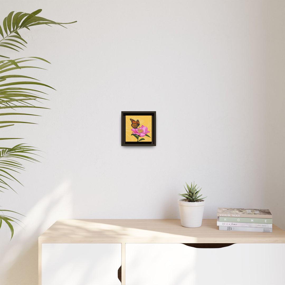 Alabama State Flower + Insect: Monarch Butterfly on Pink Camellia — Framed Canvas Print Wall Art